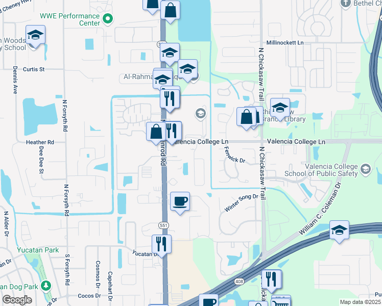 map of restaurants, bars, coffee shops, grocery stores, and more near 606 Short Pine Circle in Orlando