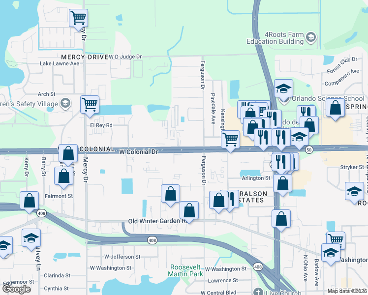 map of restaurants, bars, coffee shops, grocery stores, and more near 3600 State Route 50 in Orlando
