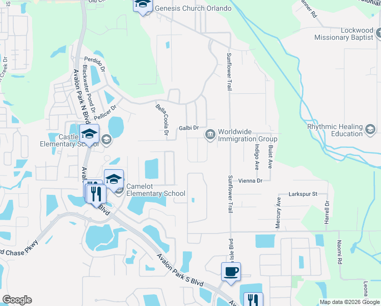 map of restaurants, bars, coffee shops, grocery stores, and more near 1104 Bassano Way in Orlando