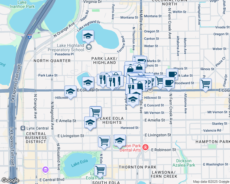 map of restaurants, bars, coffee shops, grocery stores, and more near 803 Hillcrest Street in Orlando