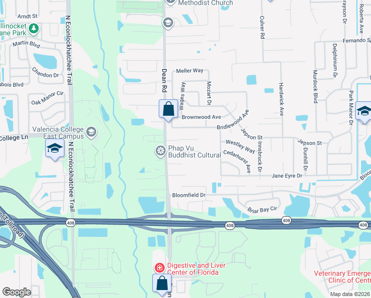 map of restaurants, bars, coffee shops, grocery stores, and more near 10103 Richardson Court in Orlando