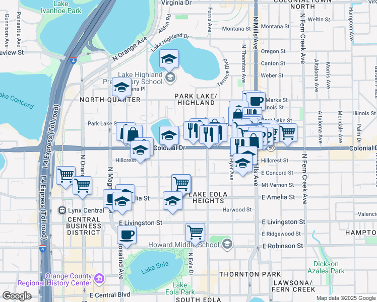 map of restaurants, bars, coffee shops, grocery stores, and more near 603 Hillcrest Street in Orlando