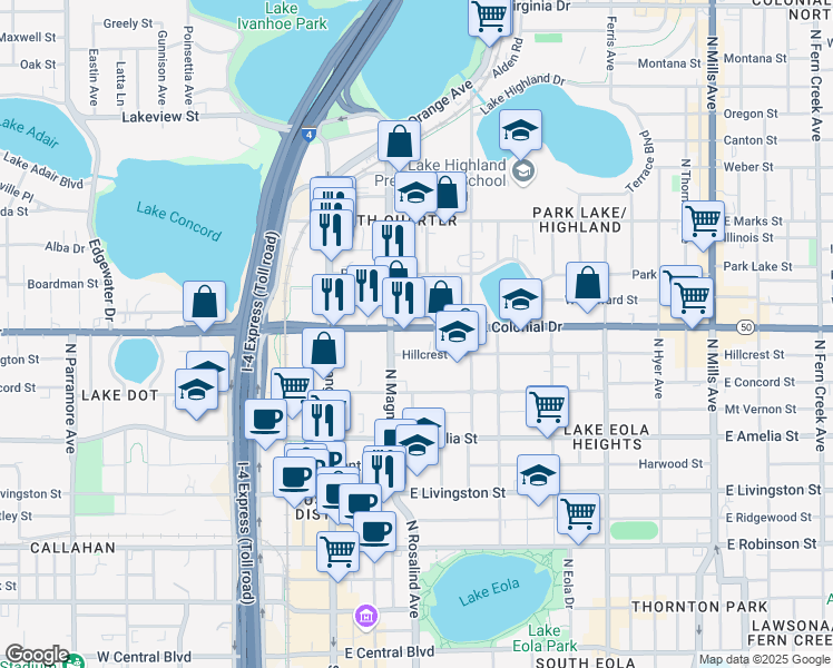 map of restaurants, bars, coffee shops, grocery stores, and more near 107 Hillcrest Street in Orlando