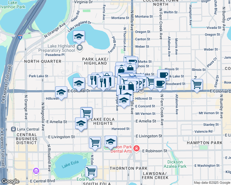 map of restaurants, bars, coffee shops, grocery stores, and more near 803 Hillcrest Street in Orlando