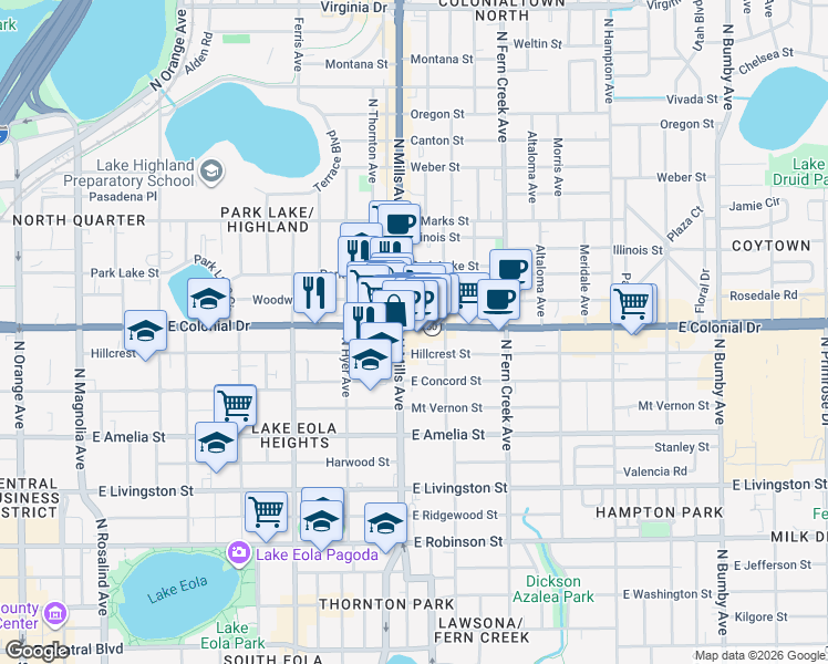map of restaurants, bars, coffee shops, grocery stores, and more near 1212 East Colonial Drive in Orlando