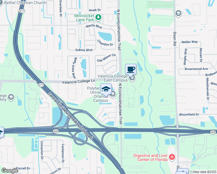 map of restaurants, bars, coffee shops, grocery stores, and more near 654 North Econlockhatchee Trail in Orlando