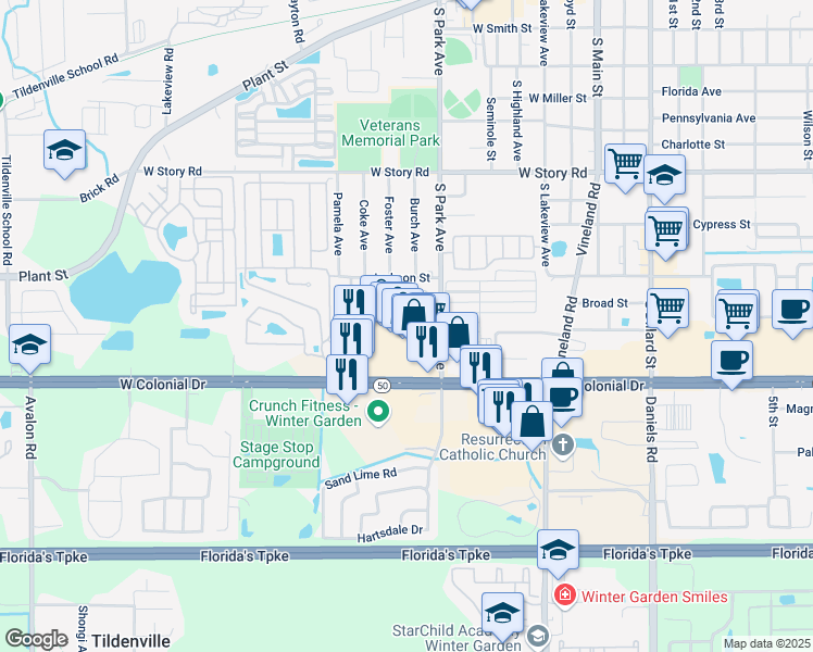 map of restaurants, bars, coffee shops, grocery stores, and more near 14001 West Colonial Drive in Winter Garden