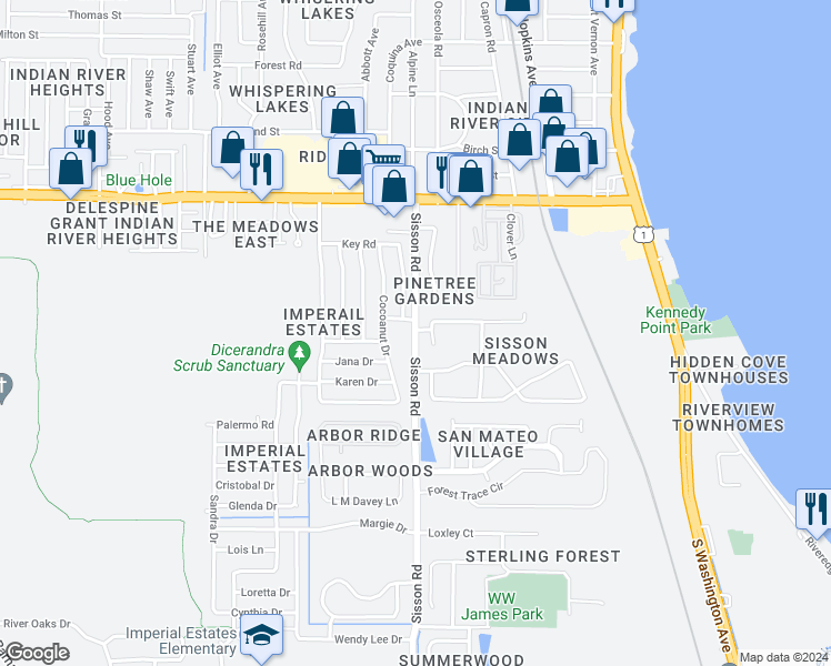map of restaurants, bars, coffee shops, grocery stores, and more near 4856 Sisson Road in Titusville