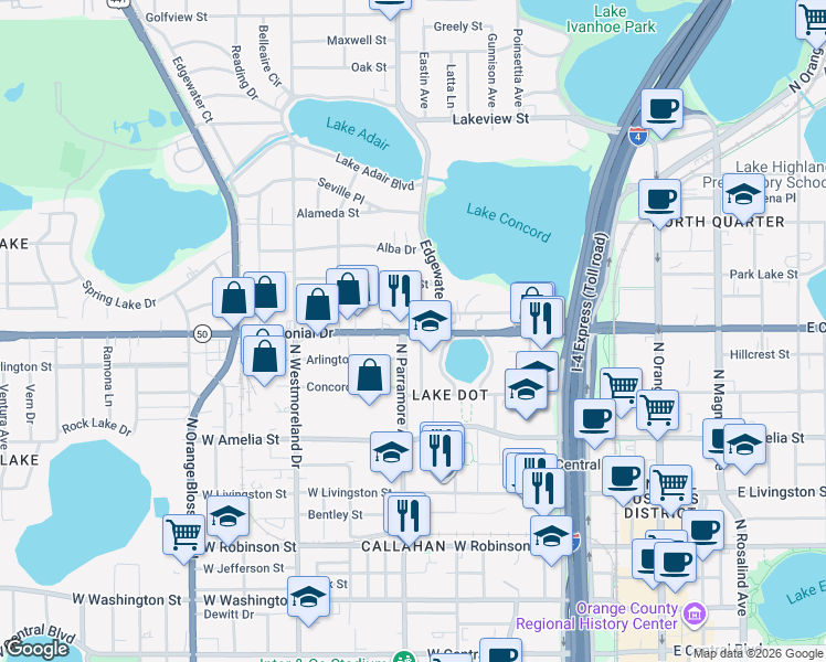 map of restaurants, bars, coffee shops, grocery stores, and more near 644 Putnam Avenue in Orlando