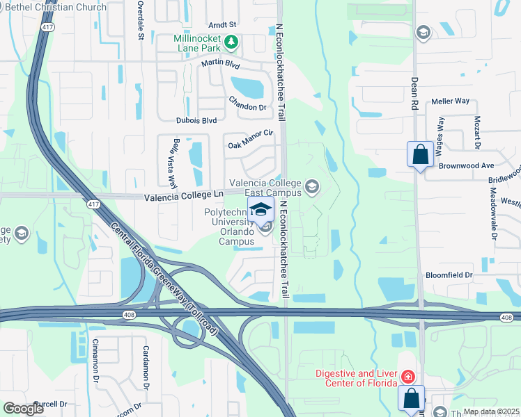 map of restaurants, bars, coffee shops, grocery stores, and more near 654 North Econlockhatchee Trail in Orlando