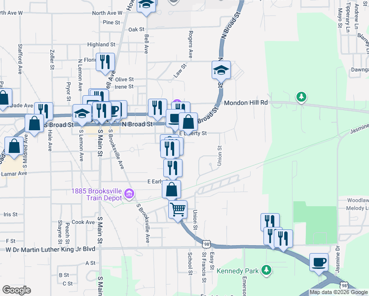 map of restaurants, bars, coffee shops, grocery stores, and more near 200 S Saxon Ave in Brooksville