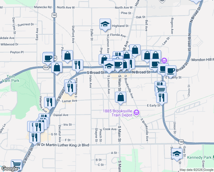 map of restaurants, bars, coffee shops, grocery stores, and more near 403 Hendricks Avenue in Brooksville