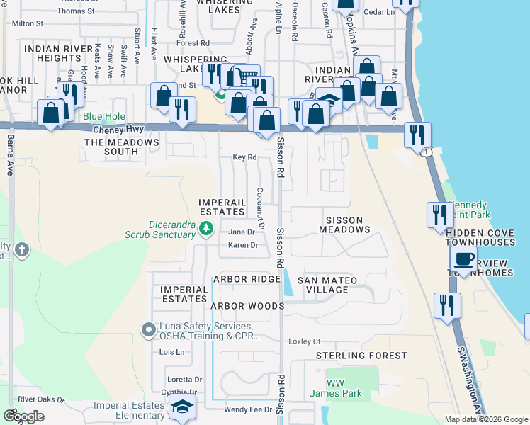 map of restaurants, bars, coffee shops, grocery stores, and more near 605 Scotty Drive in Titusville
