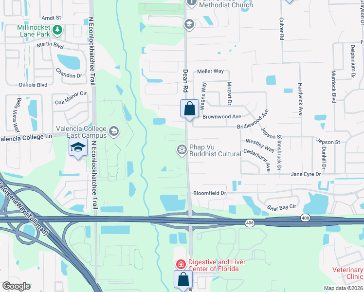 map of restaurants, bars, coffee shops, grocery stores, and more near 10000 Richardson Court in Orlando