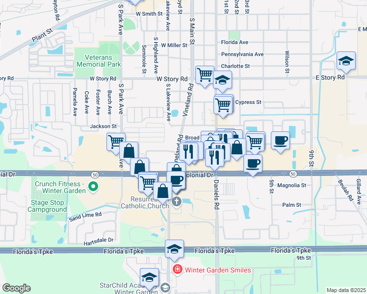 map of restaurants, bars, coffee shops, grocery stores, and more near 1043 Vineland Road in Winter Garden