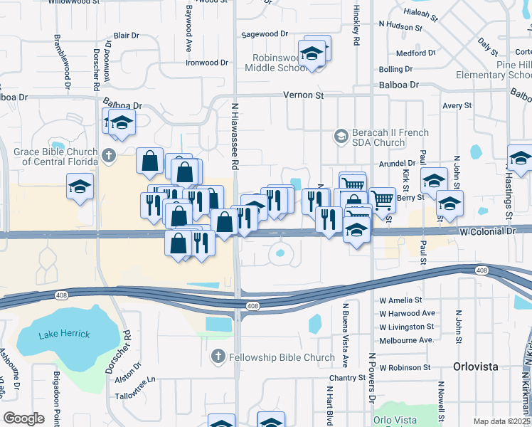 map of restaurants, bars, coffee shops, grocery stores, and more near 6817 West Colonial Drive in Orlando