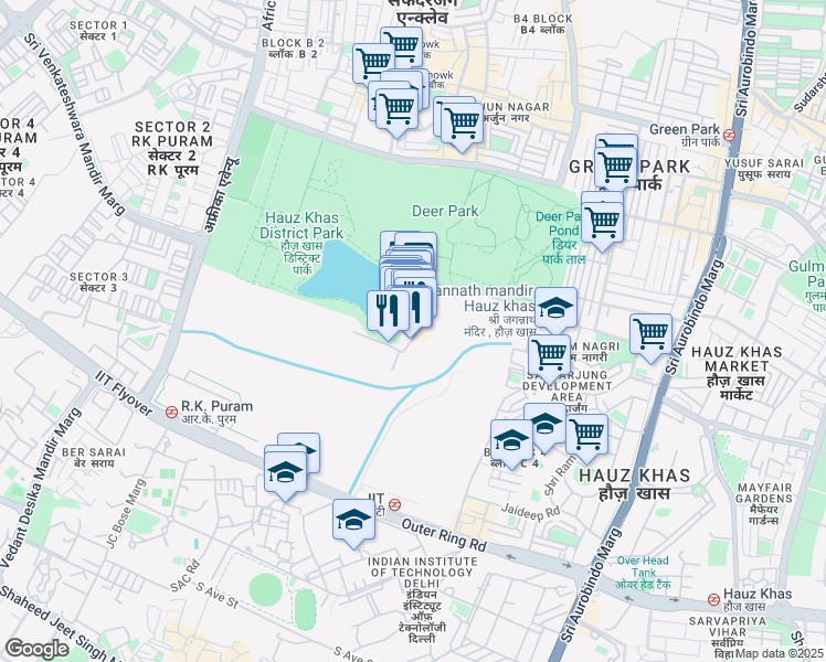 map of restaurants, bars, coffee shops, grocery stores, and more near floor in New Delhi