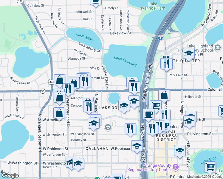 map of restaurants, bars, coffee shops, grocery stores, and more near 513 West Colonial Drive in Orlando
