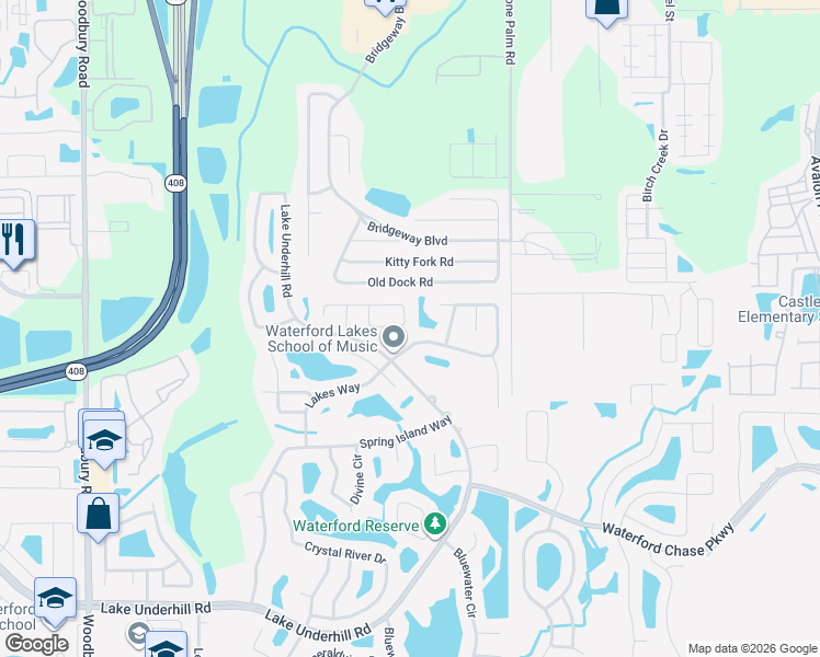 map of restaurants, bars, coffee shops, grocery stores, and more near 13830 Magnolia Glen Circle in Orlando
