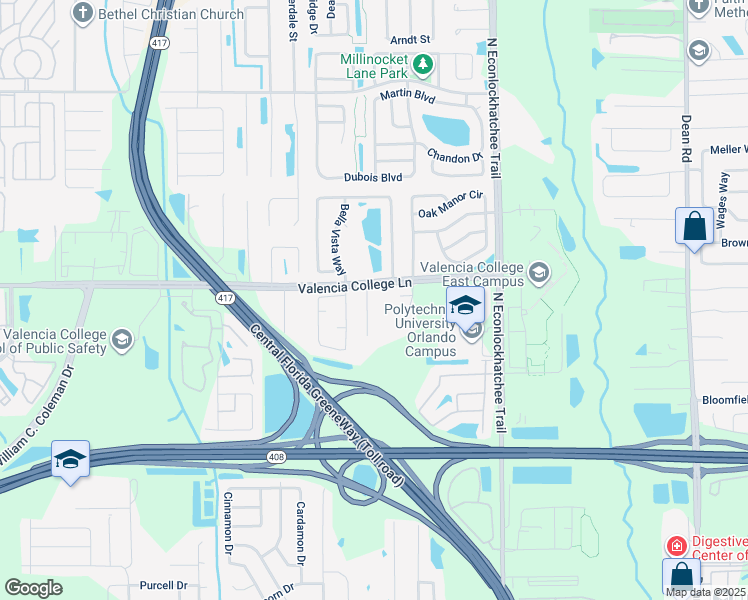 map of restaurants, bars, coffee shops, grocery stores, and more near 9148 Valencia College Lane in Orlando