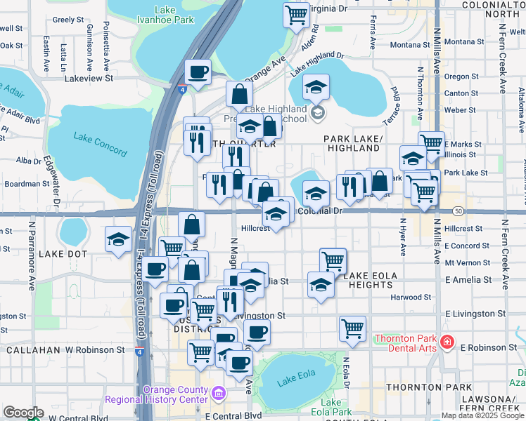 map of restaurants, bars, coffee shops, grocery stores, and more near 203 Hillcrest Street in Orlando
