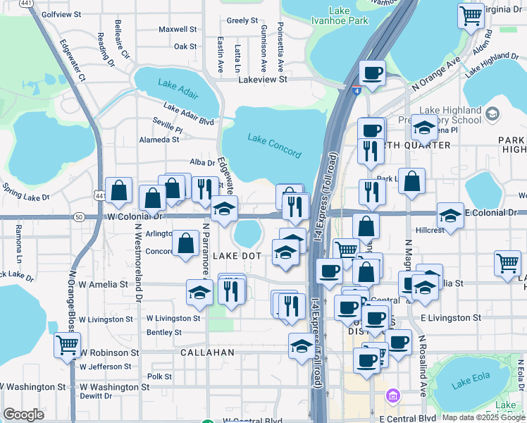 map of restaurants, bars, coffee shops, grocery stores, and more near 440 West Colonial Drive in Orlando
