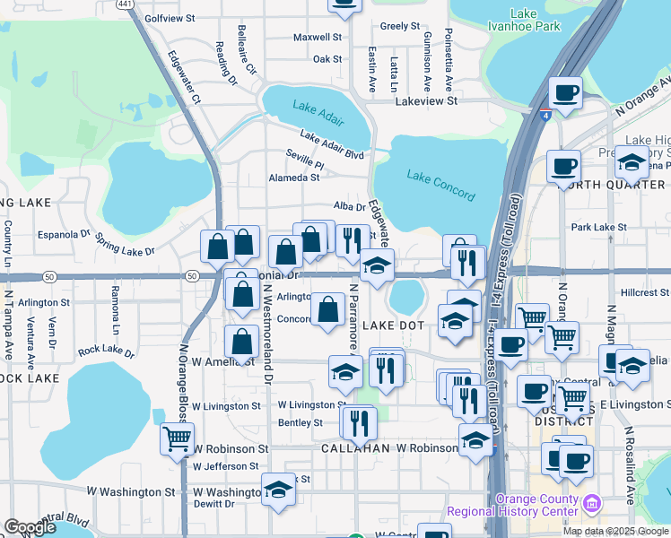 map of restaurants, bars, coffee shops, grocery stores, and more near 717 Arlington Street in Orlando
