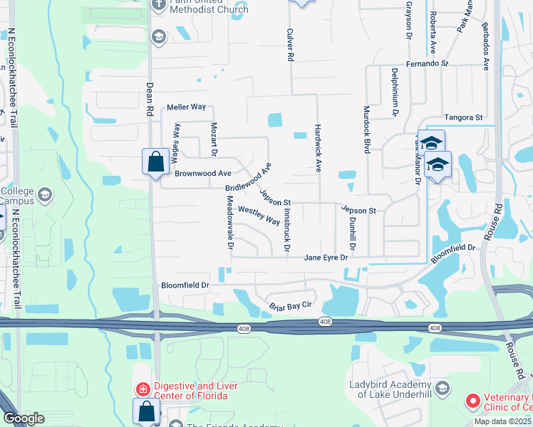 map of restaurants, bars, coffee shops, grocery stores, and more near 10409 Westley Way in Orlando