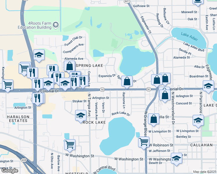 map of restaurants, bars, coffee shops, grocery stores, and more near 1716 West Colonial Drive in Orlando