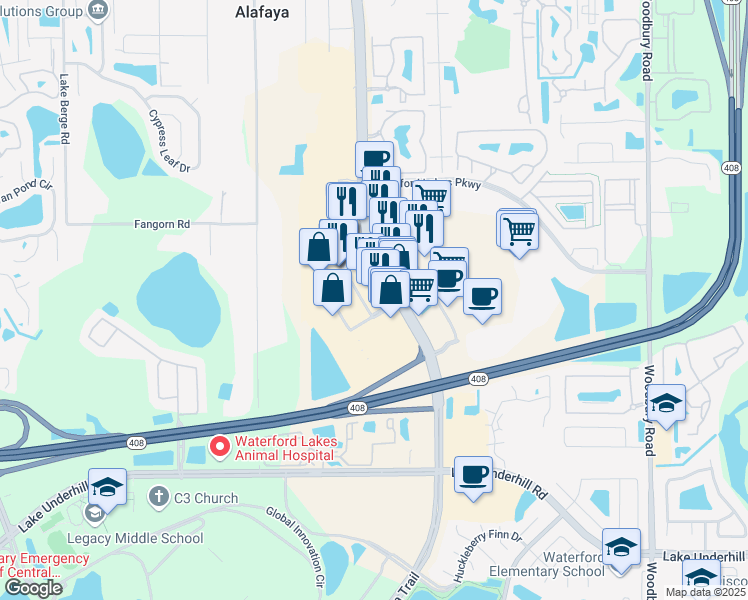 map of restaurants, bars, coffee shops, grocery stores, and more near 464 North Alafaya Trail in Orlando