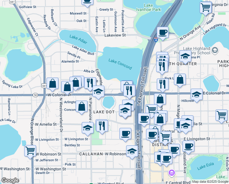 map of restaurants, bars, coffee shops, grocery stores, and more near 425 Peachtree Road in Orlando