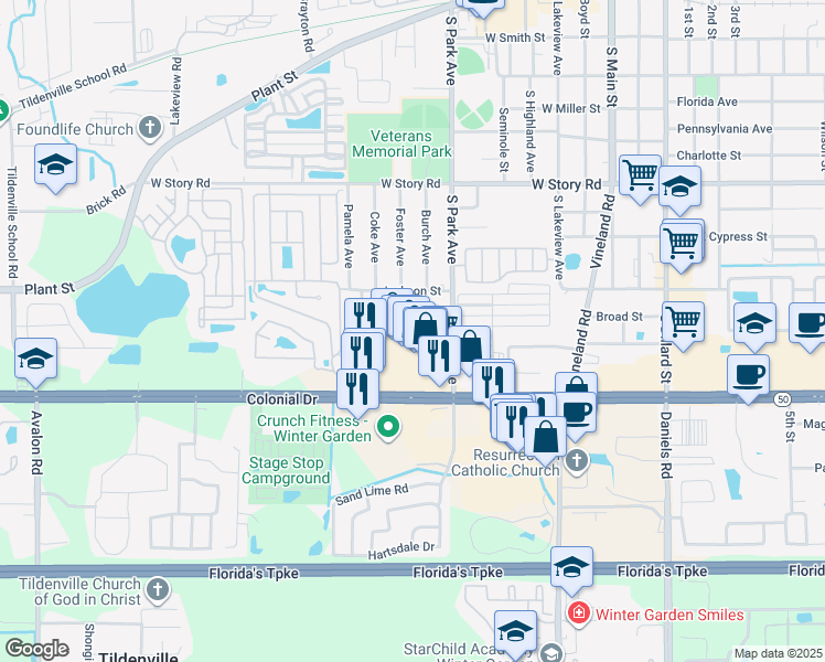 map of restaurants, bars, coffee shops, grocery stores, and more near 407 Douglas Way in Winter Garden