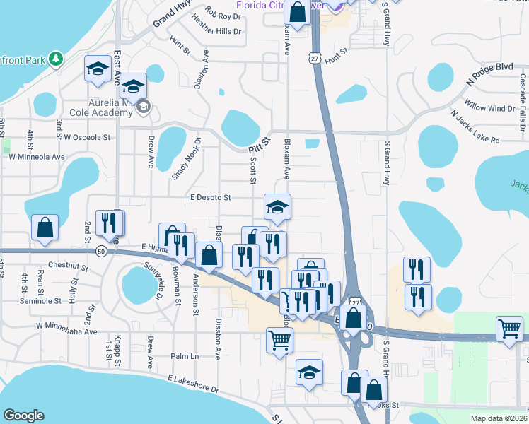 map of restaurants, bars, coffee shops, grocery stores, and more near 670 Bloxam Avenue in Clermont
