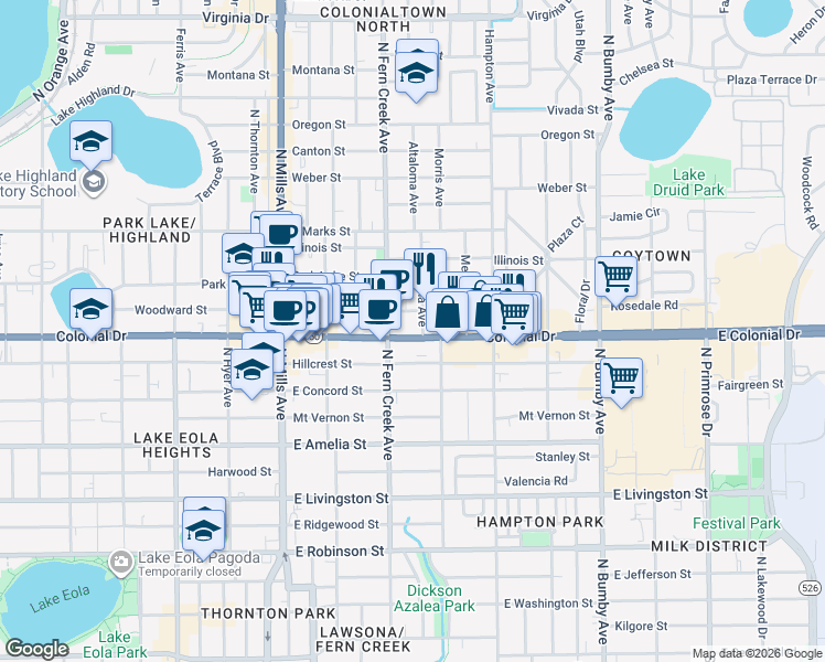 map of restaurants, bars, coffee shops, grocery stores, and more near 715 North Fern Creek Avenue in Orlando