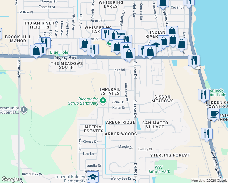 map of restaurants, bars, coffee shops, grocery stores, and more near 4820 Key Madeira Drive in Titusville