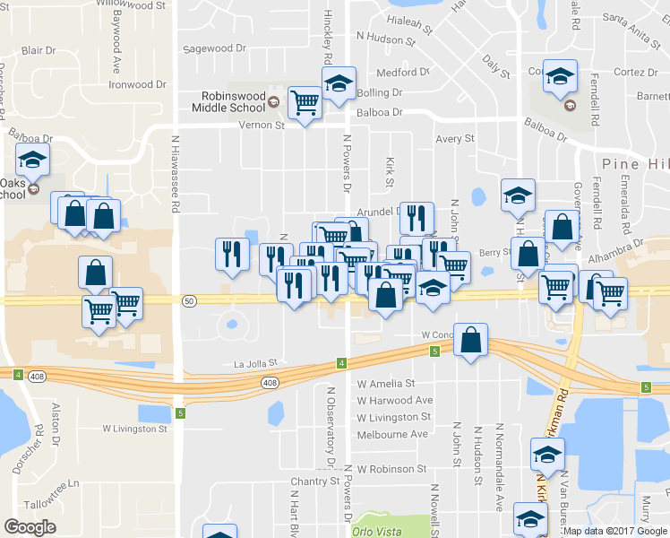map of restaurants, bars, coffee shops, grocery stores, and more near 6339 West Colonial Drive in Orlando