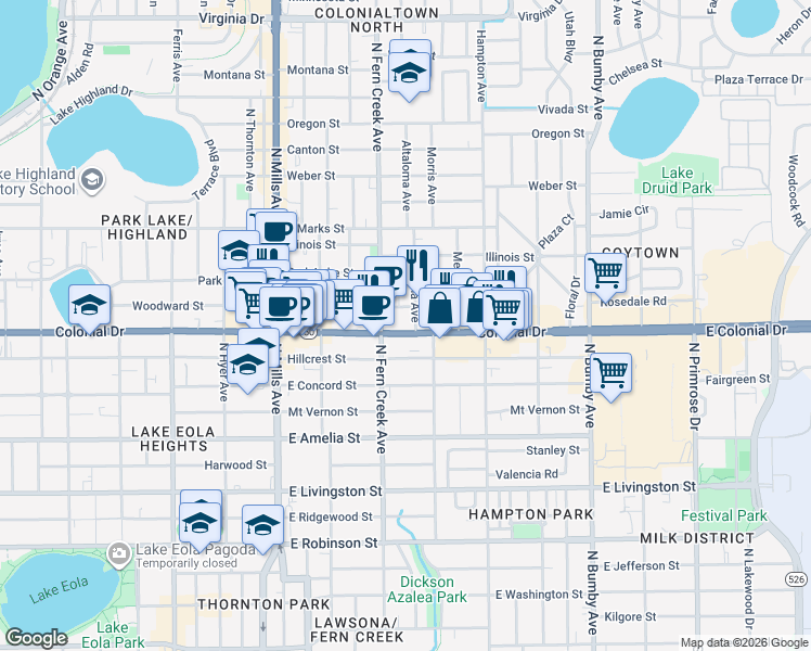 map of restaurants, bars, coffee shops, grocery stores, and more near 715 North Fern Creek Avenue in Orlando