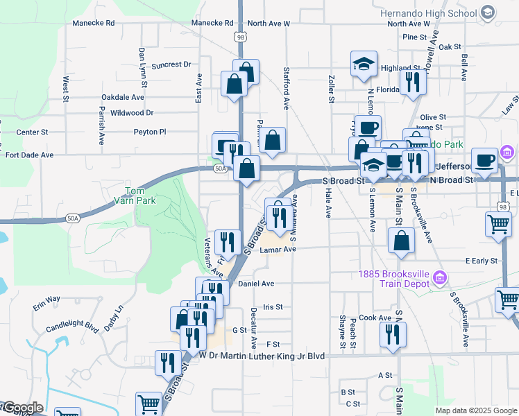 map of restaurants, bars, coffee shops, grocery stores, and more near 626 S Broad St in Brooksville