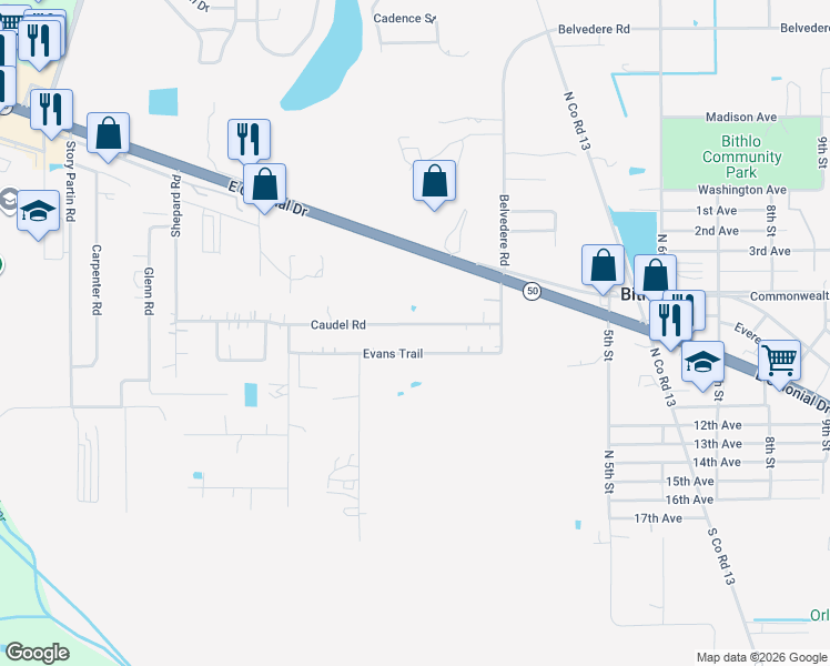 map of restaurants, bars, coffee shops, grocery stores, and more near 17777 Caudel Road in Orlando