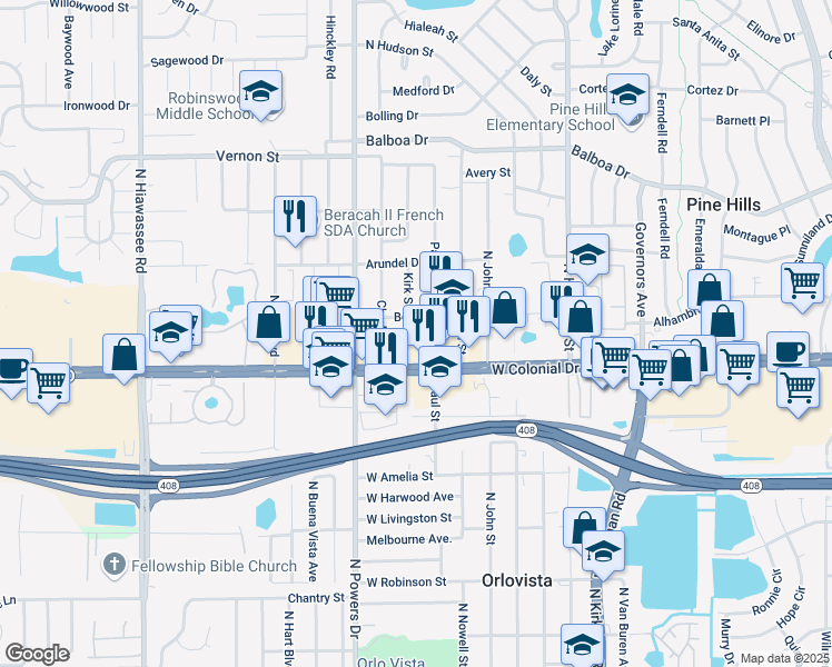 map of restaurants, bars, coffee shops, grocery stores, and more near 900 Paul Street in Orlando