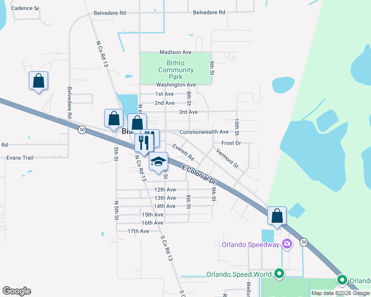 map of restaurants, bars, coffee shops, grocery stores, and more near 18534 Old Cheney Highway in Orlando