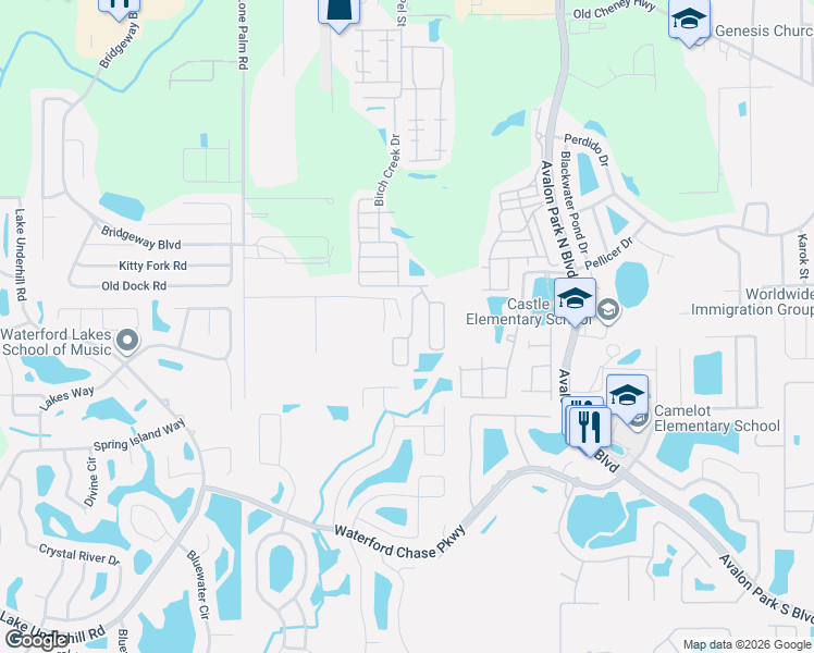 map of restaurants, bars, coffee shops, grocery stores, and more near 1042 Windmill Grove Circle in Orlando