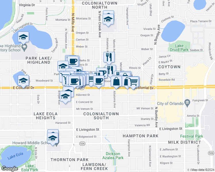 map of restaurants, bars, coffee shops, grocery stores, and more near 715 North Fern Creek Avenue in Orlando