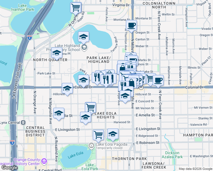 map of restaurants, bars, coffee shops, grocery stores, and more near 649 Woodward Street in Orlando