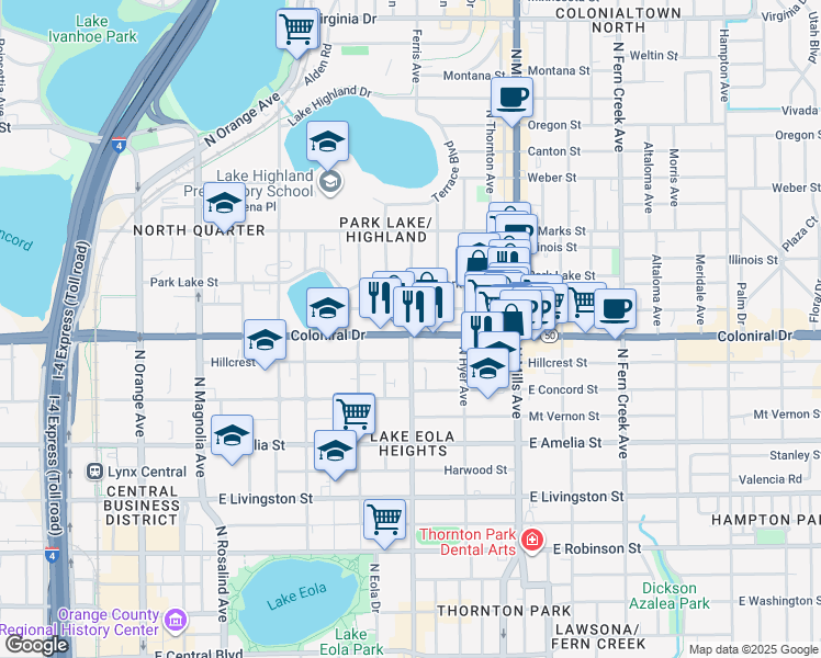 map of restaurants, bars, coffee shops, grocery stores, and more near 649 Woodward Street in Orlando