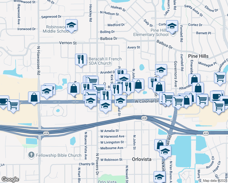 map of restaurants, bars, coffee shops, grocery stores, and more near 900 Paul Street in Orlando
