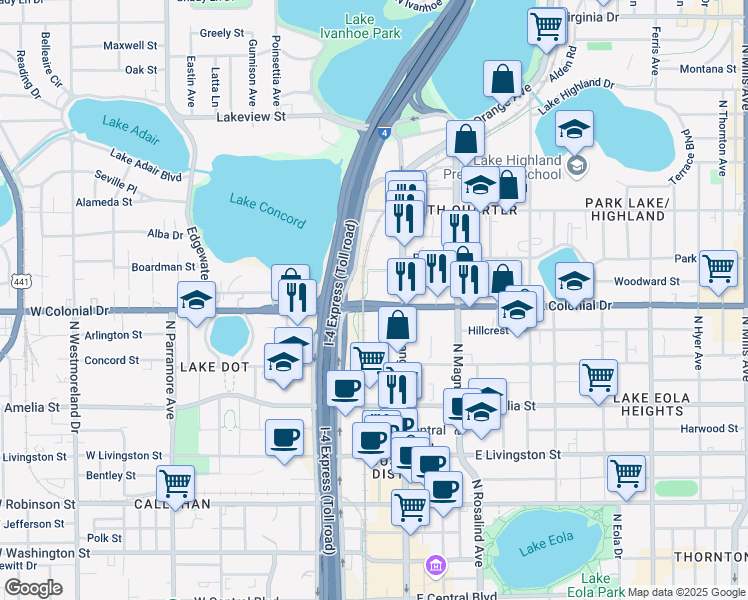 map of restaurants, bars, coffee shops, grocery stores, and more near 49 West Colonial Drive in Orlando