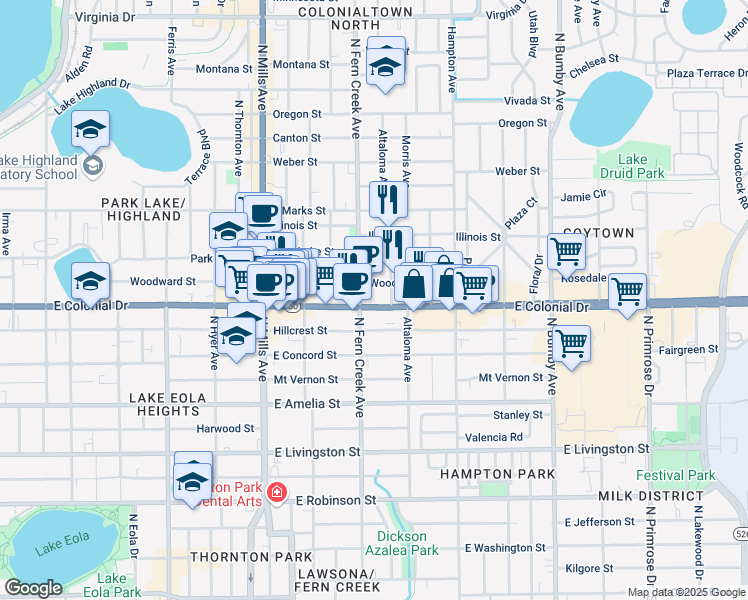 map of restaurants, bars, coffee shops, grocery stores, and more near 715 North Fern Creek Avenue in Orlando