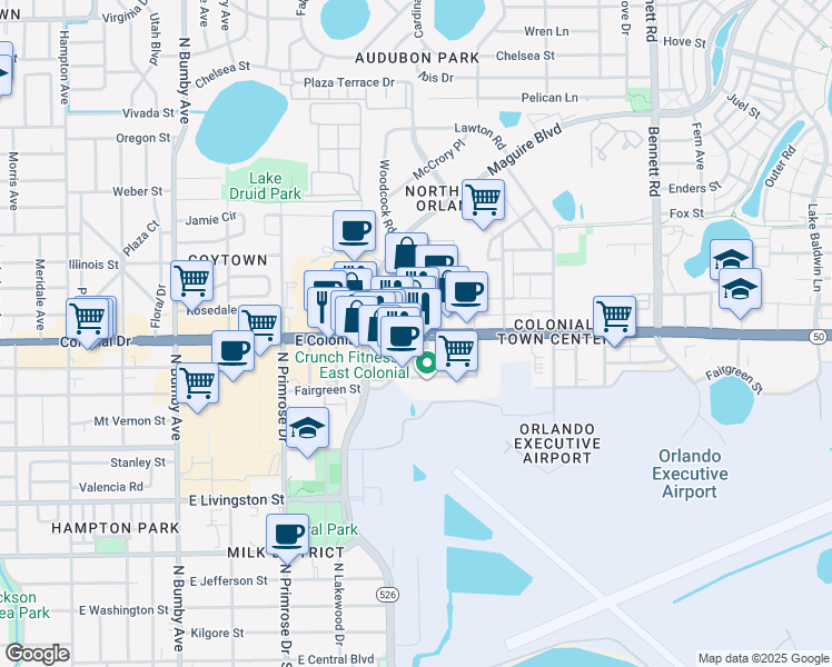 map of restaurants, bars, coffee shops, grocery stores, and more near 3279 East Colonial Drive in Orlando