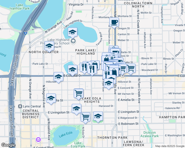 map of restaurants, bars, coffee shops, grocery stores, and more near 649 Woodward Street in Orlando